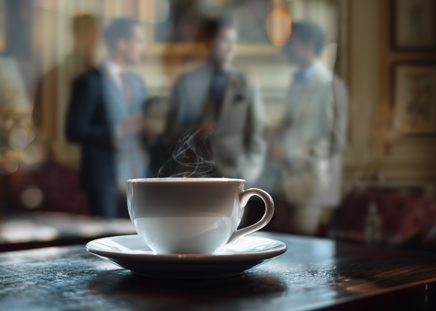Steaming coffee in the Tontine Parlor with gentlemen conversing in the background